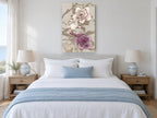 Gilded Peony Dragonfly floral canvas print on the wall of a coastal bedroom