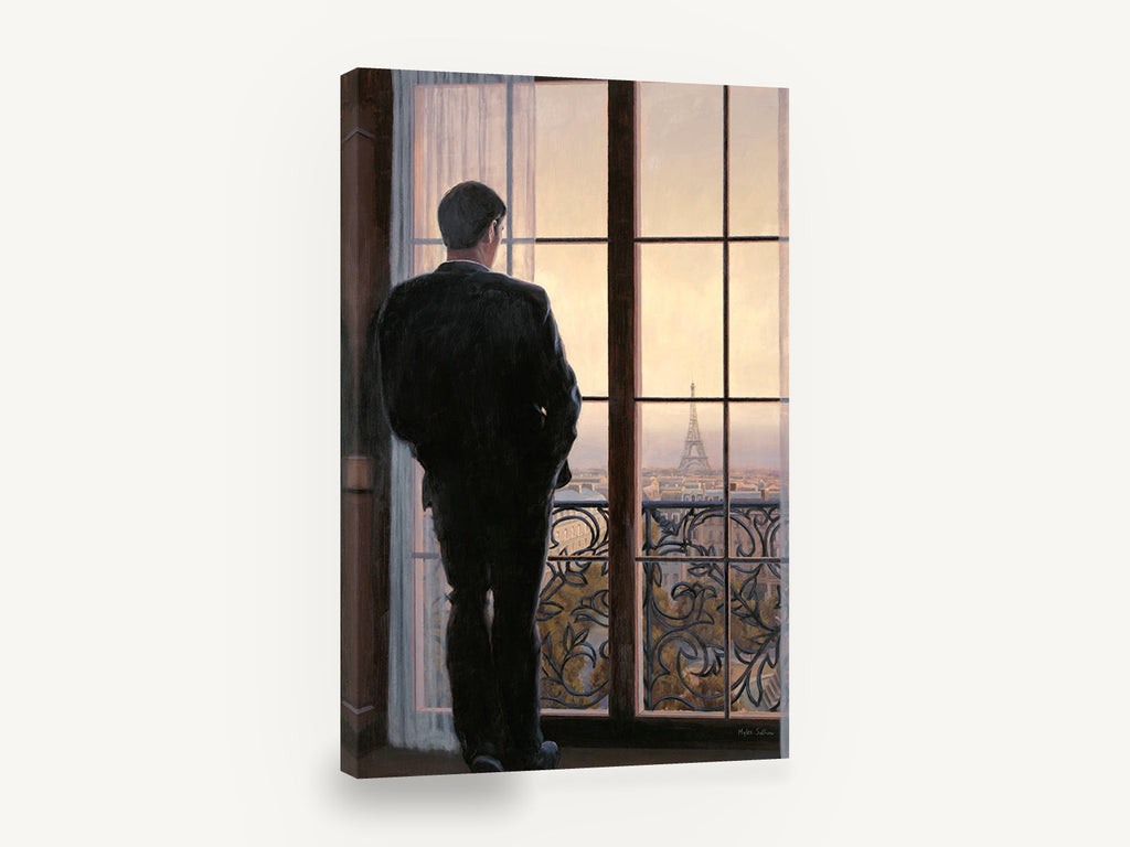 Man at the Paris Window, man looking at eiffel tower window, city canvas wall art print ready to hang