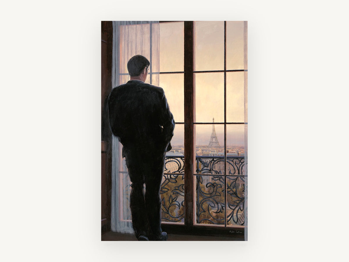 Man at the Paris Window, man looking at eiffel tower window, city canvas wall art print, front view