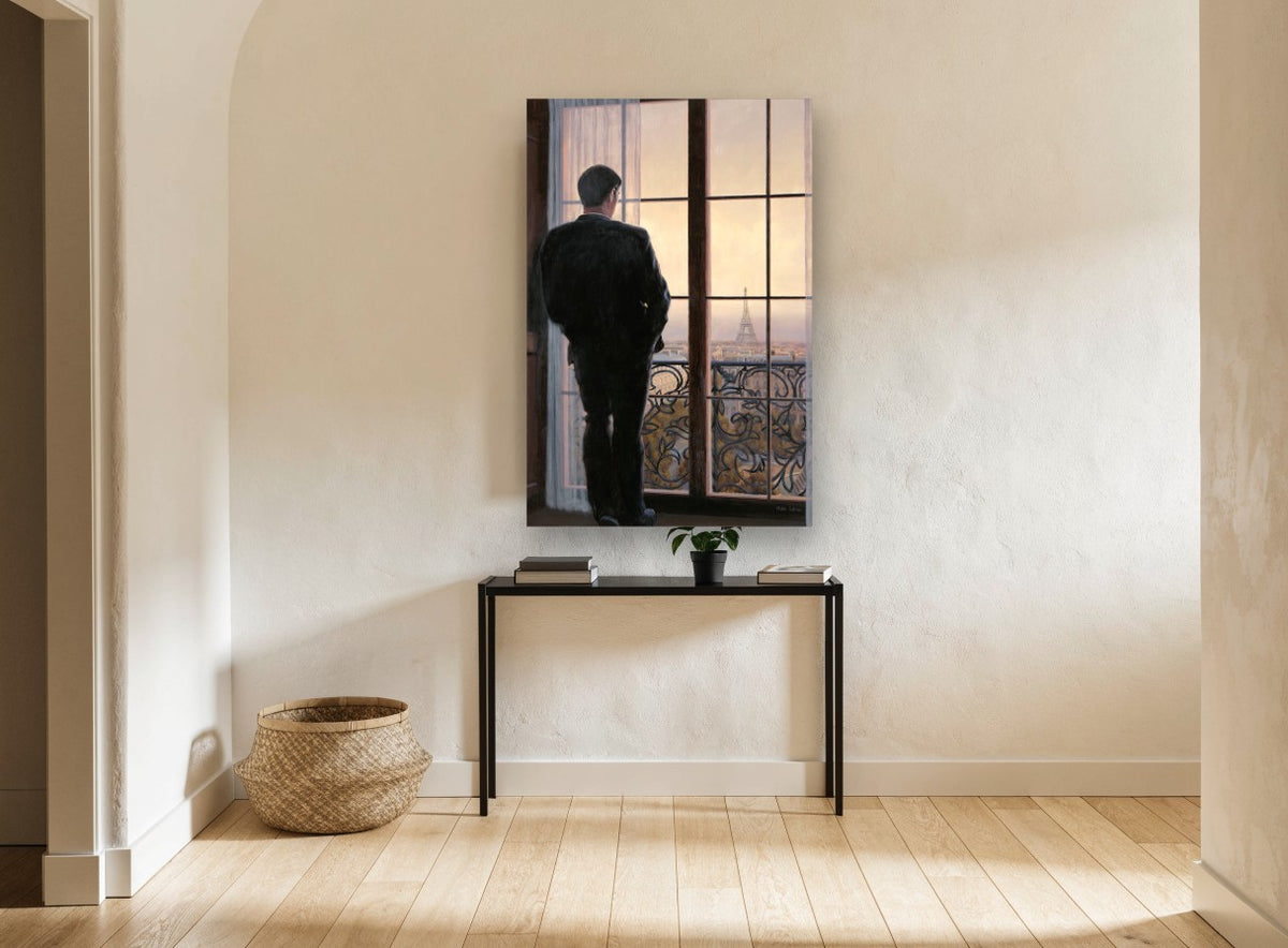Man at the Paris Window city canvas print on the wall of a hallway