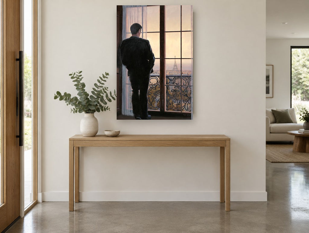 Man at the Paris Window city canvas print on the wall of a entry hall