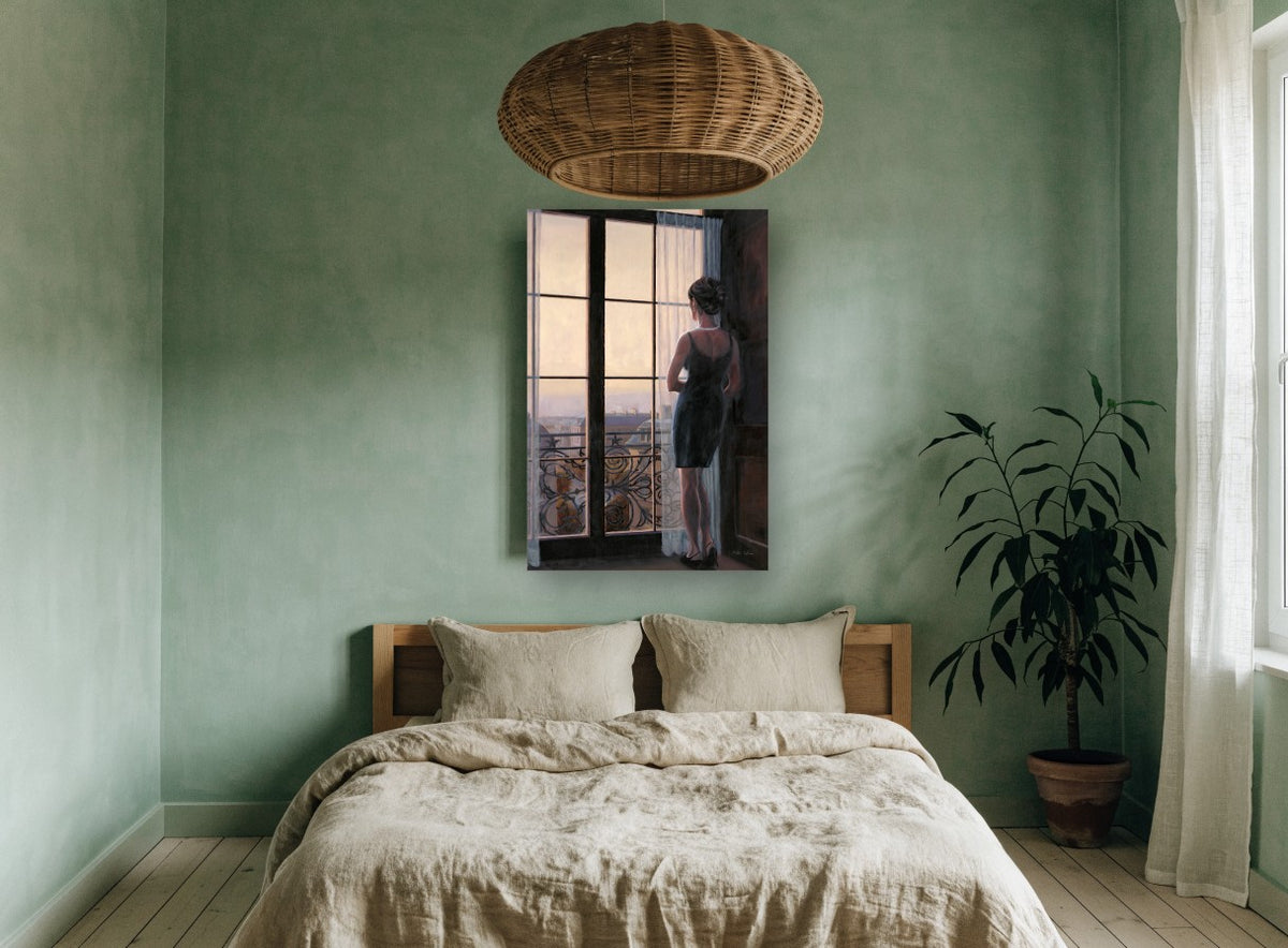 Woman at the Paris Window city canvas print on the wall of a bedroom