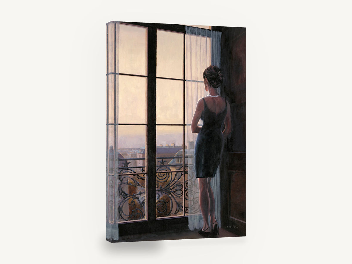 Woman at the Paris Window, woman at paris window at dusk, city canvas wall art print ready to hang