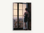 Woman at the Paris Window, woman at paris window at dusk, city canvas wall art print, front view