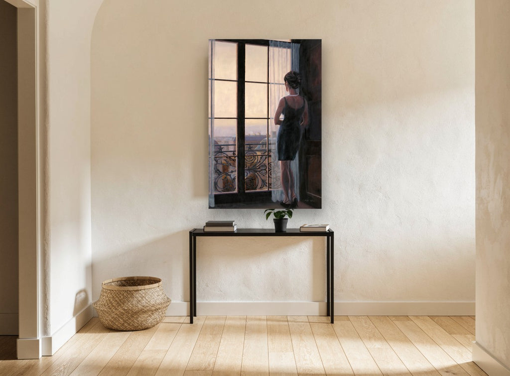 Woman at the Paris Window city canvas print on the wall of a hallway