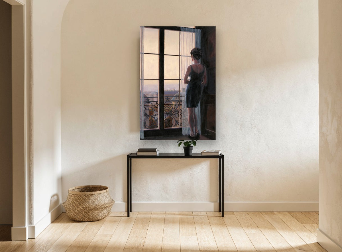 Woman at the Paris Window city canvas print on the wall of a hallway