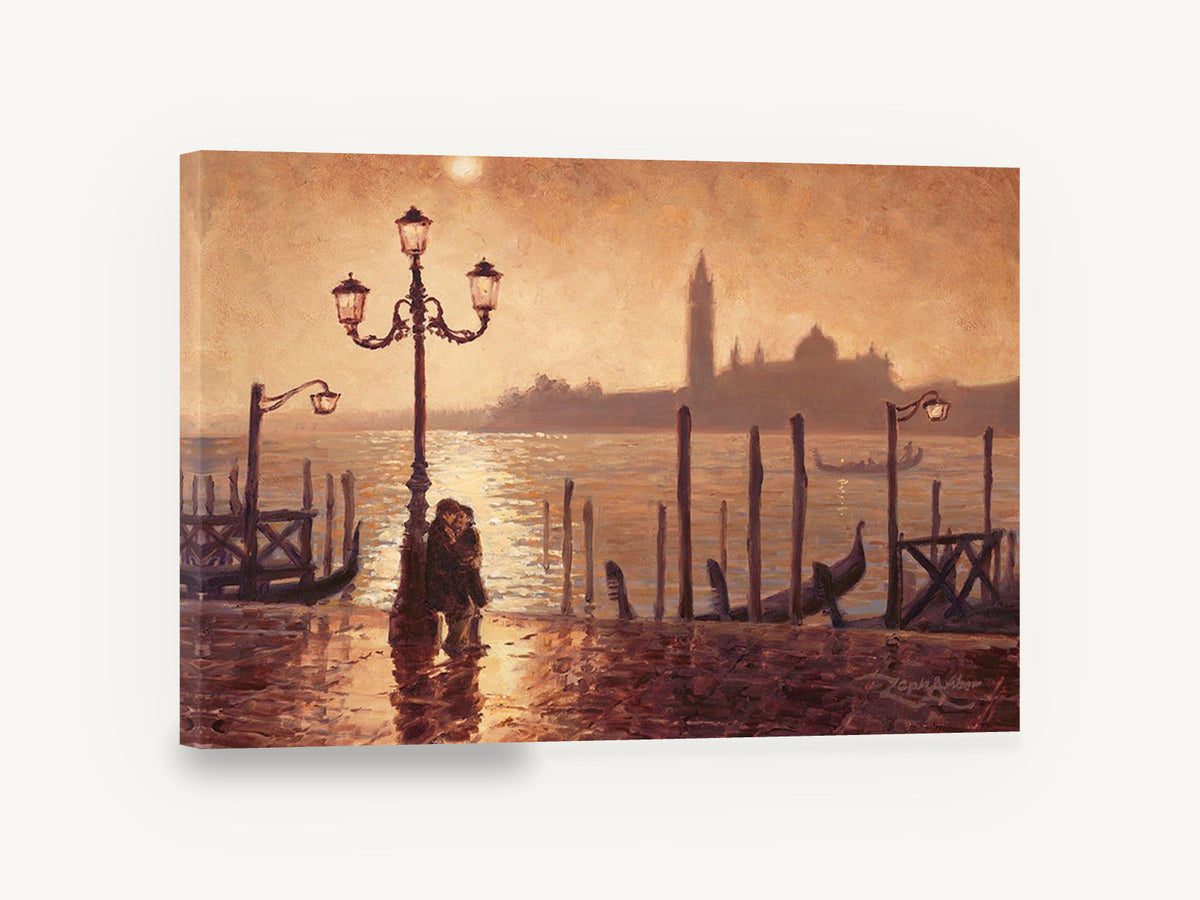 Lamplit Venice Embrace, venice lagoon couple street lamp scene, coastal canvas wall art print ready to hang