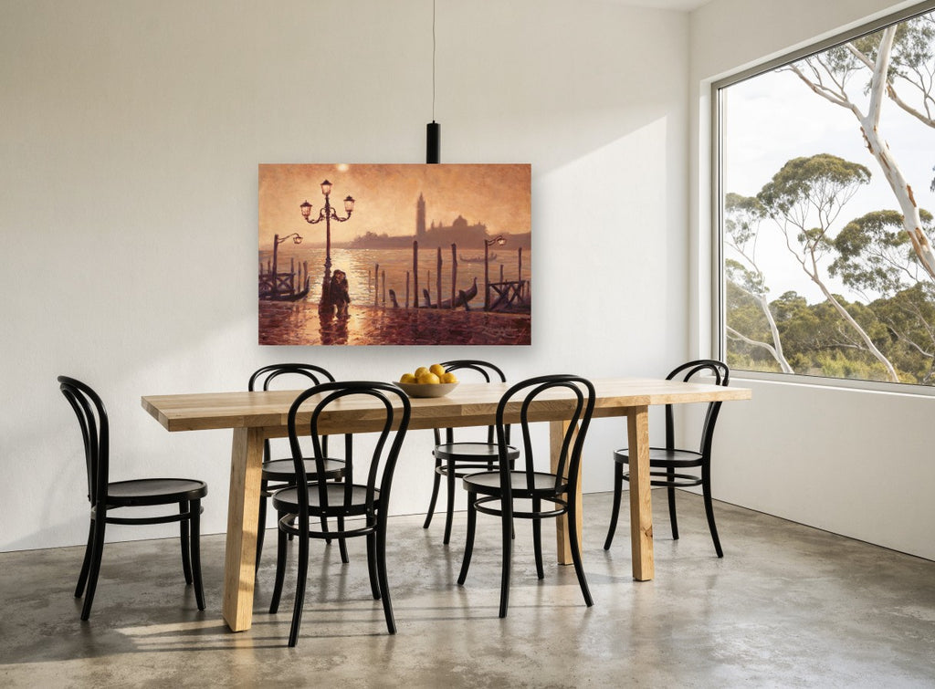 Lamplit Venice Embrace coastal canvas print on the wall of a dining room