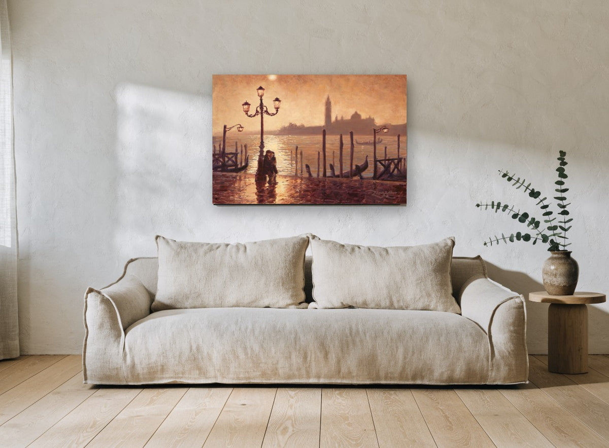 Lamplit Venice Embrace coastal canvas print on the wall of a living room
