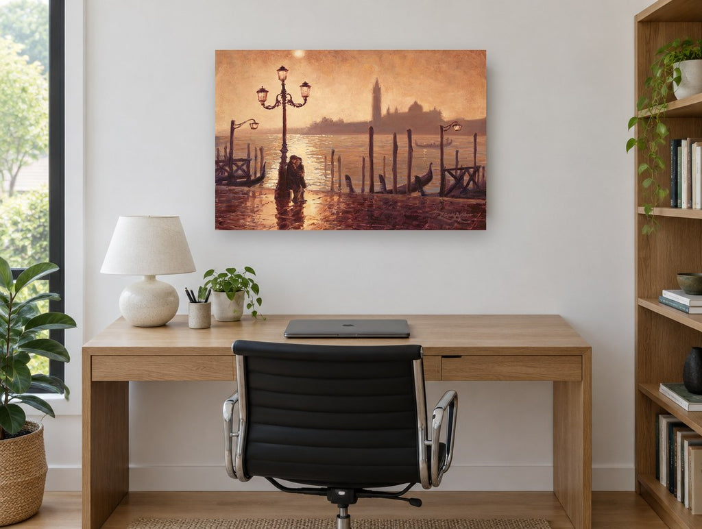 Lamplit Venice Embrace coastal canvas print on the wall of a study