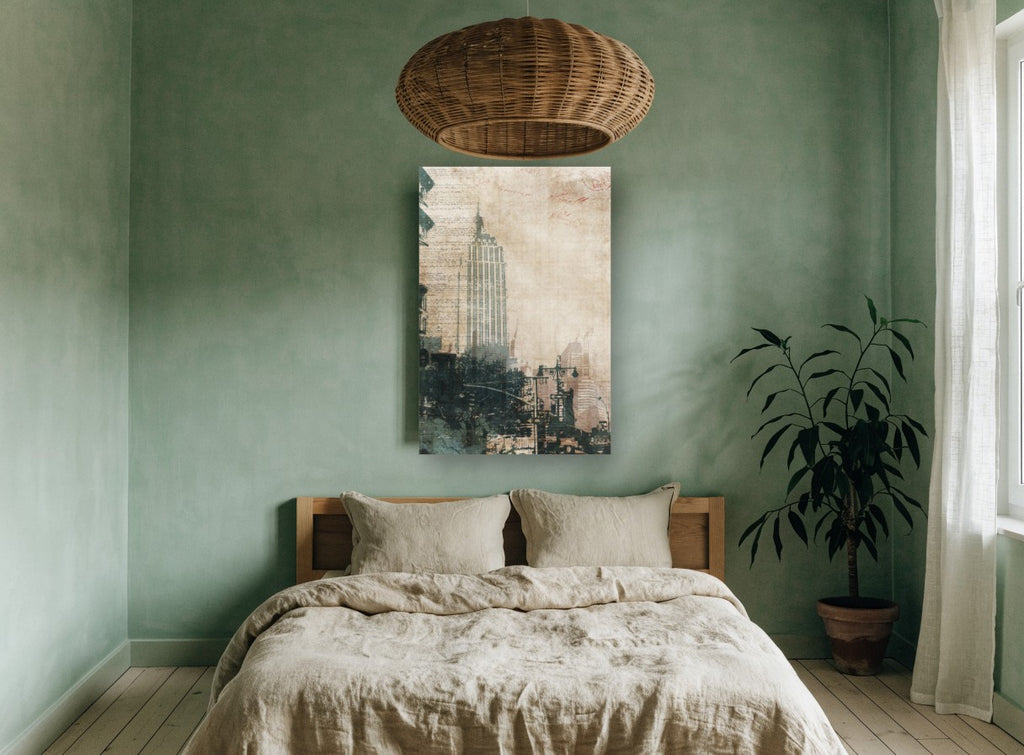 Empire State Manuscript city canvas print on the wall of a bedroom