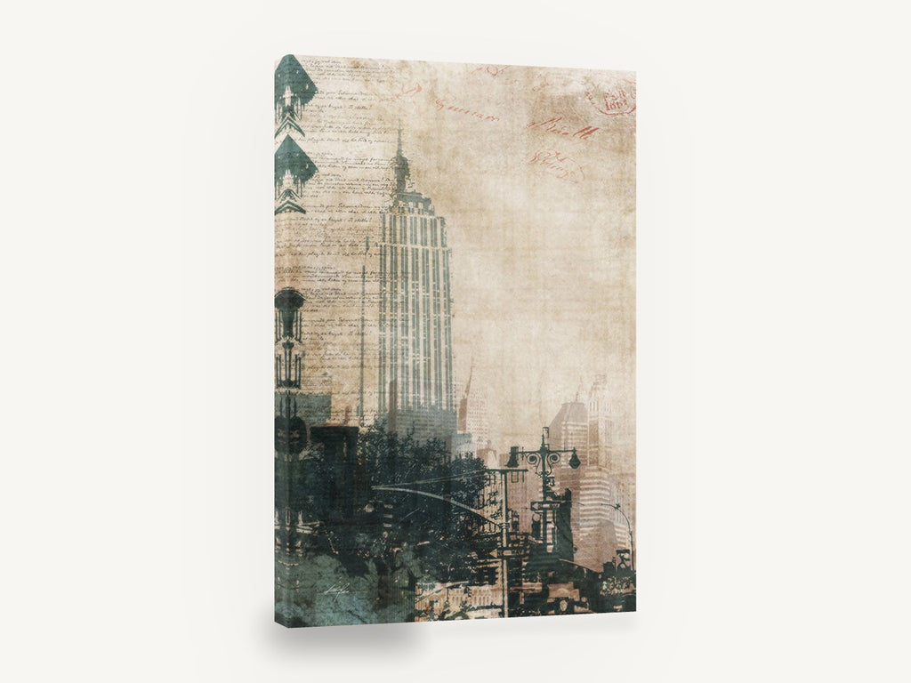 Empire State Manuscript, empire state building vintage collage, city canvas wall art print ready to hang