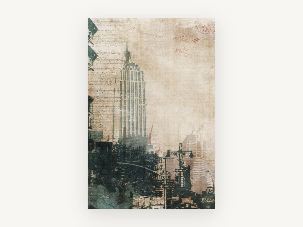 Empire State Manuscript, empire state building vintage collage, city canvas wall art print, front view