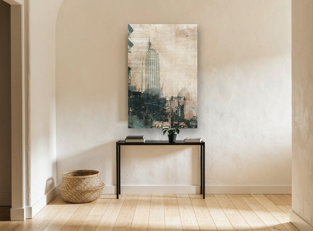 Empire State Manuscript city canvas print on the wall of a hallway