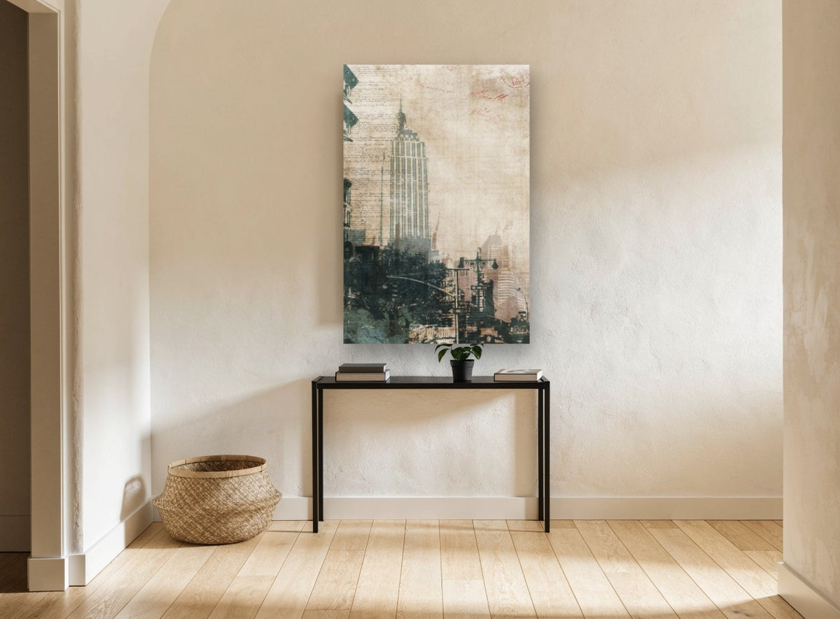 Empire State Manuscript city canvas print on the wall of a hallway