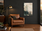 Empire State Manuscript city canvas print on the wall of a charcoal living room