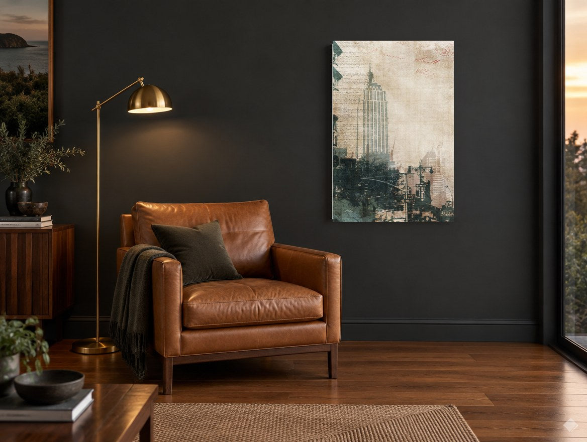 Empire State Manuscript city canvas print on the wall of a charcoal living room