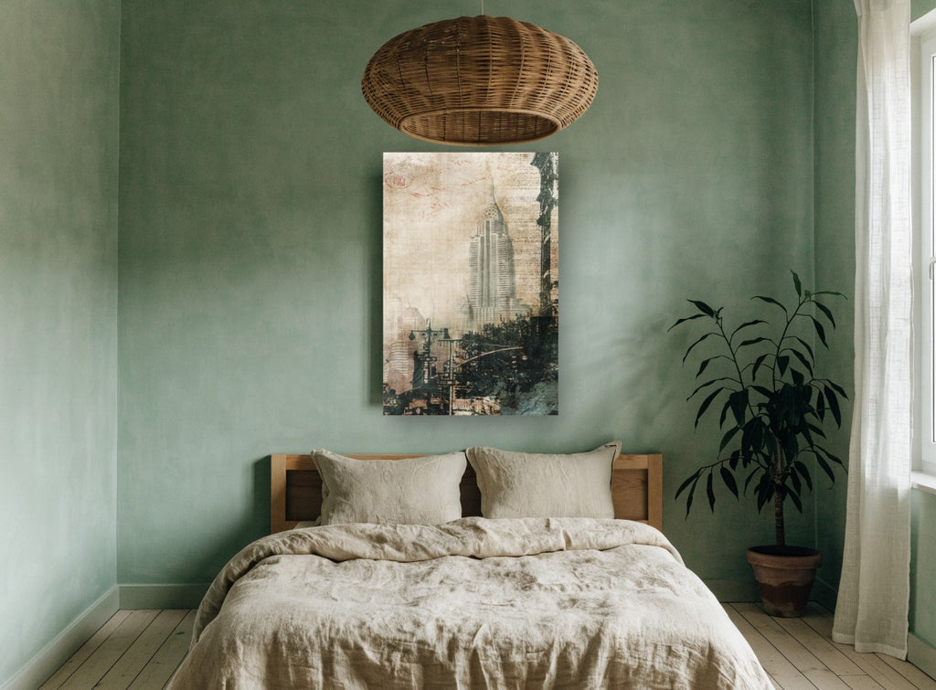 Chrysler Spire Collage city canvas print on the wall of a bedroom
