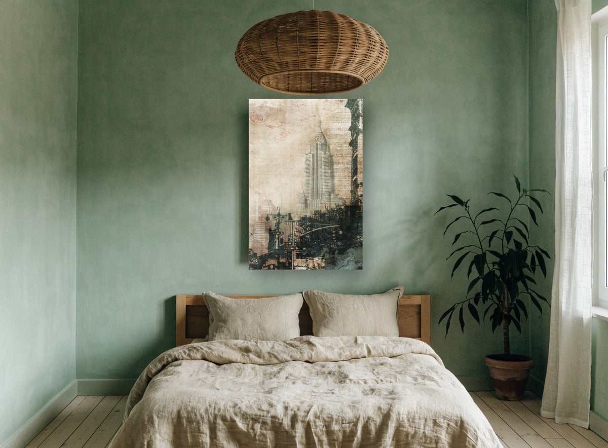 Chrysler Spire Collage city canvas print on the wall of a bedroom