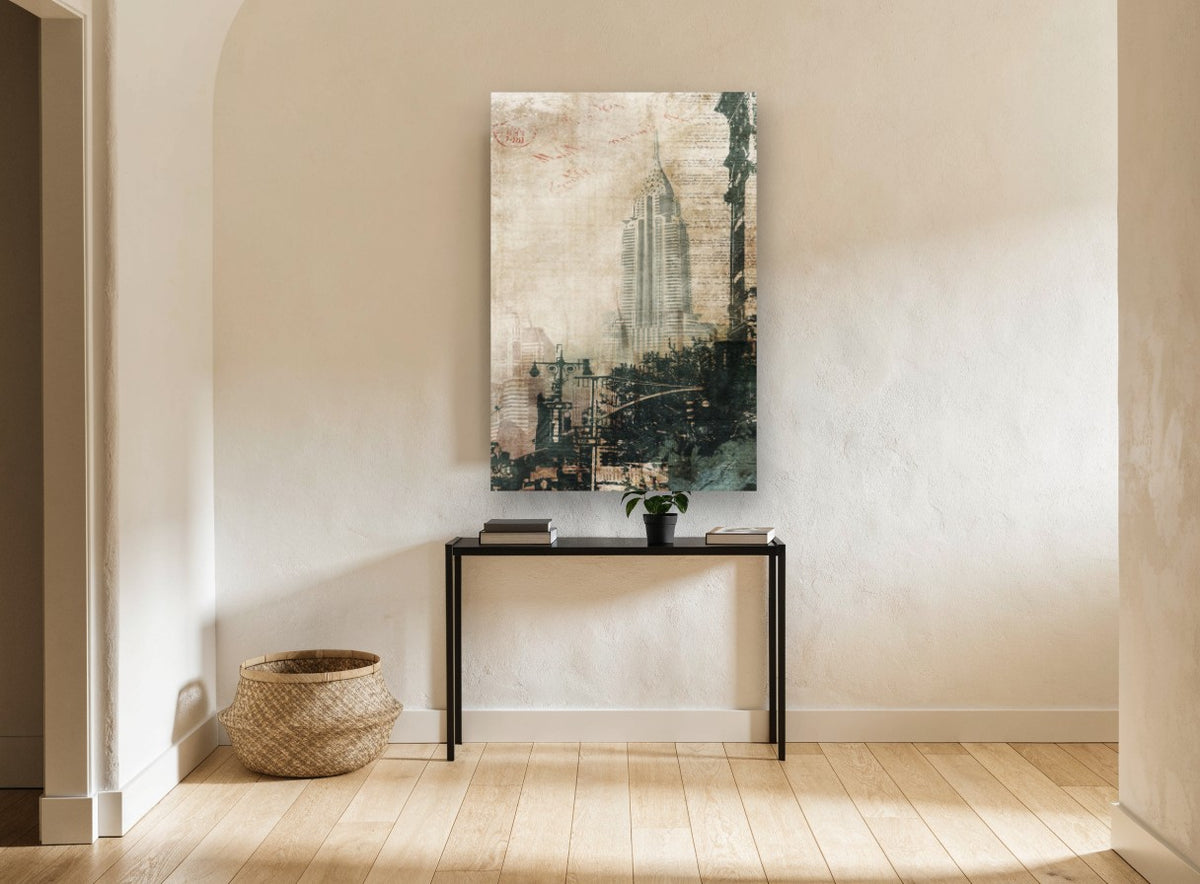 Chrysler Spire Collage city canvas print on the wall of a hallway