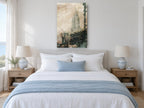 Chrysler Spire Collage city canvas print on the wall of a bedroom