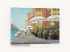 Harbourside Café Stroll, vintage seaside café umbrellas scene, stretched canvas wall art print ready to hang