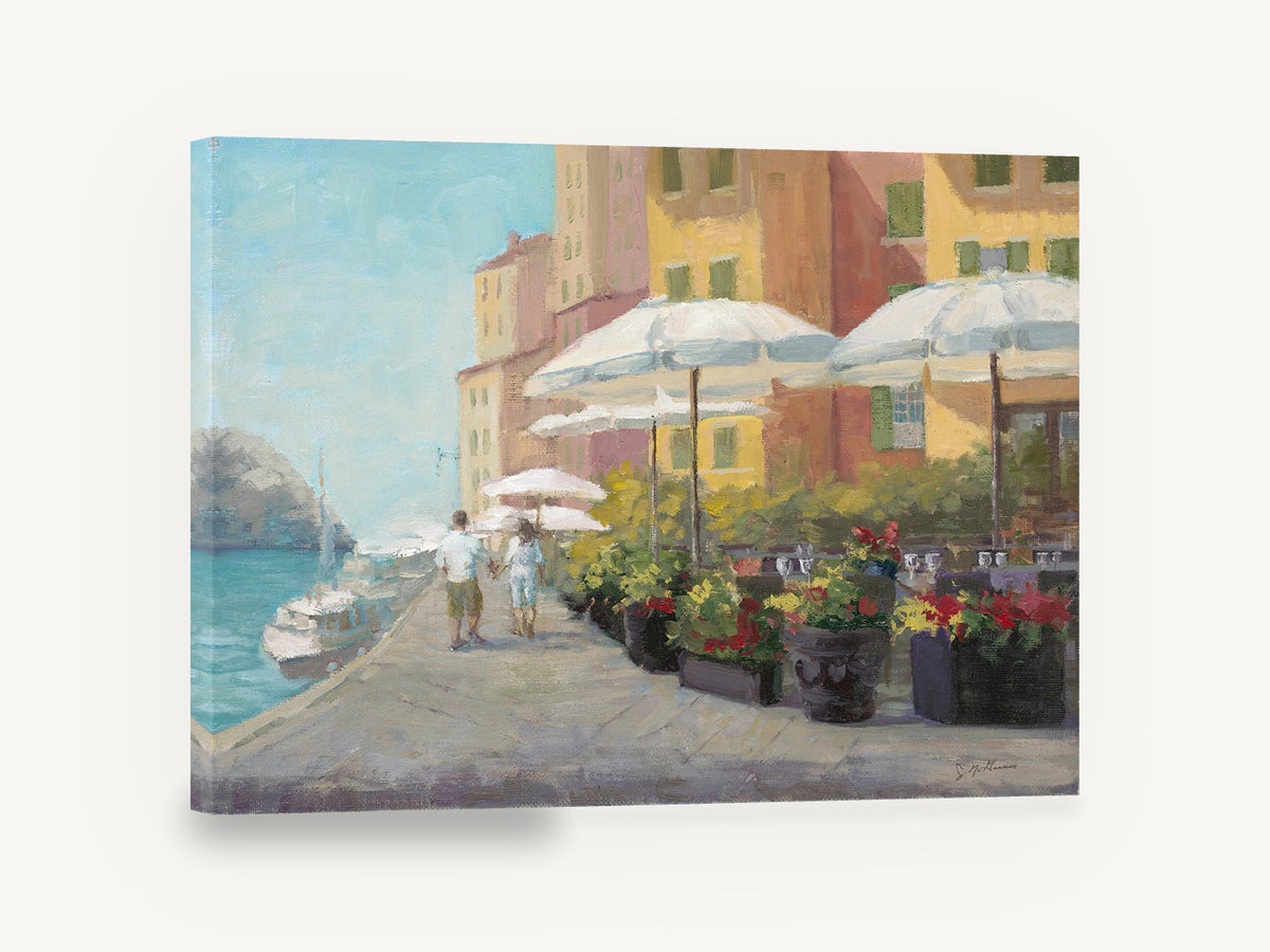 Harbourside Café Stroll, vintage seaside café umbrellas scene, stretched canvas wall art print ready to hang