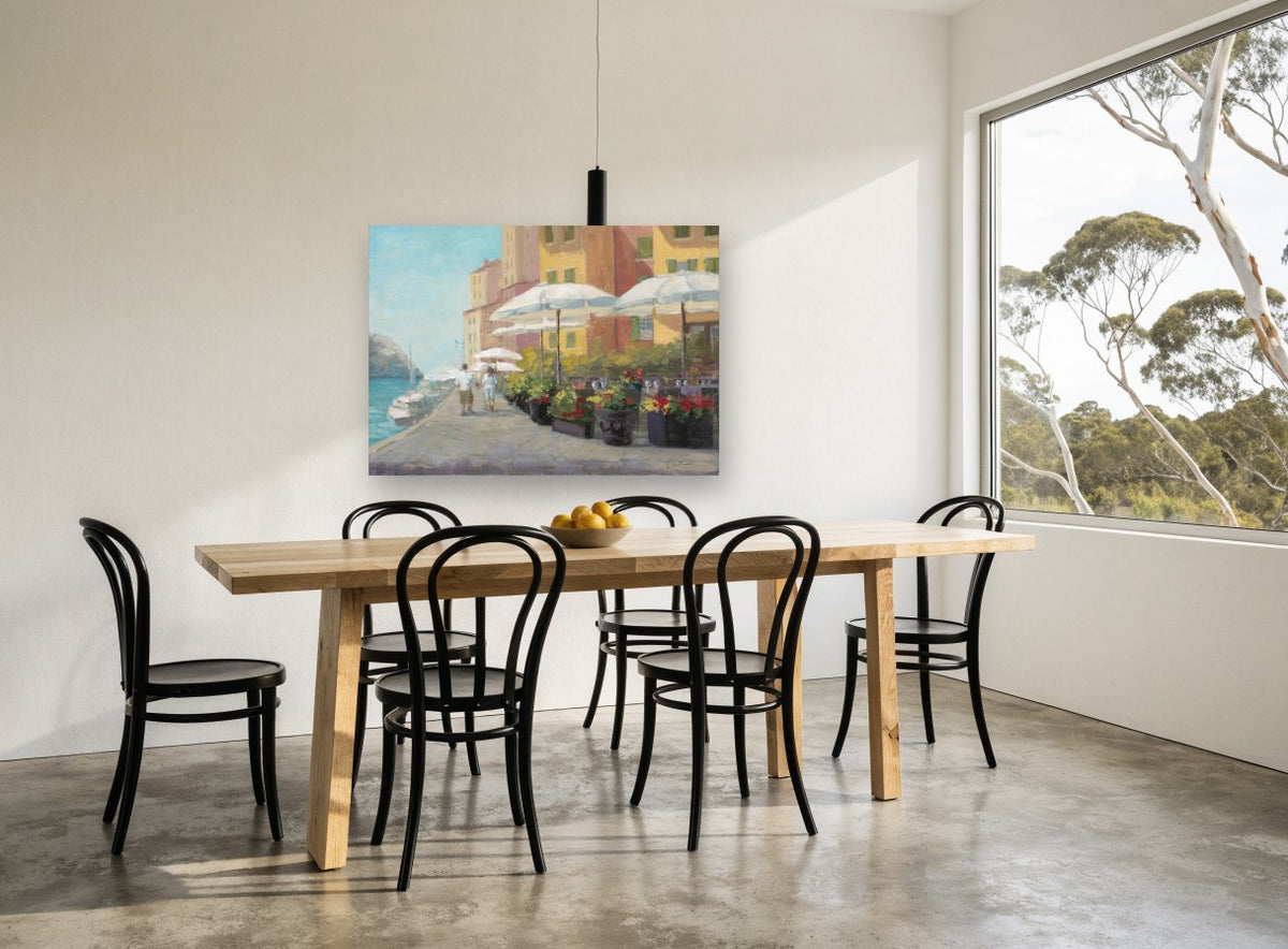 Harbourside Café Stroll vintage canvas print on the wall of a dining room