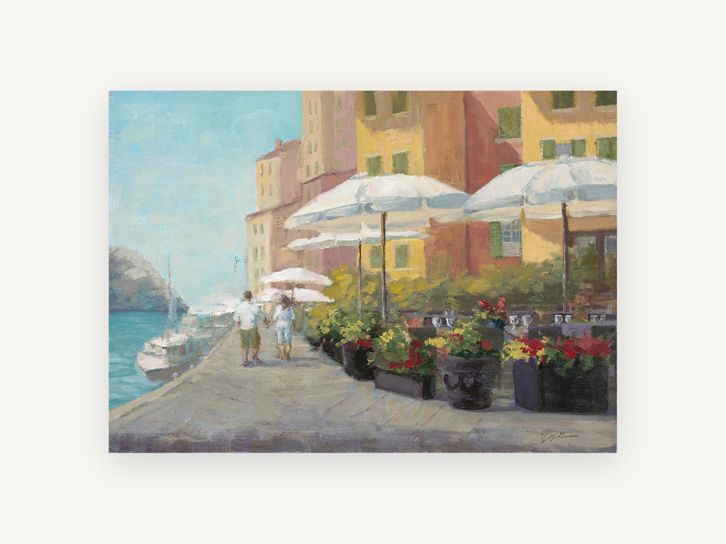 Harbourside Café Stroll, vintage canvas wall art print, front view