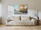 Harbourside Café Stroll vintage canvas print on the wall of a living room
