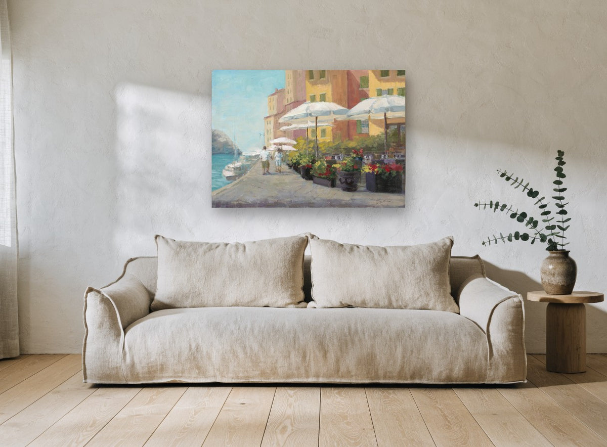Harbourside Café Stroll vintage canvas print on the wall of a living room