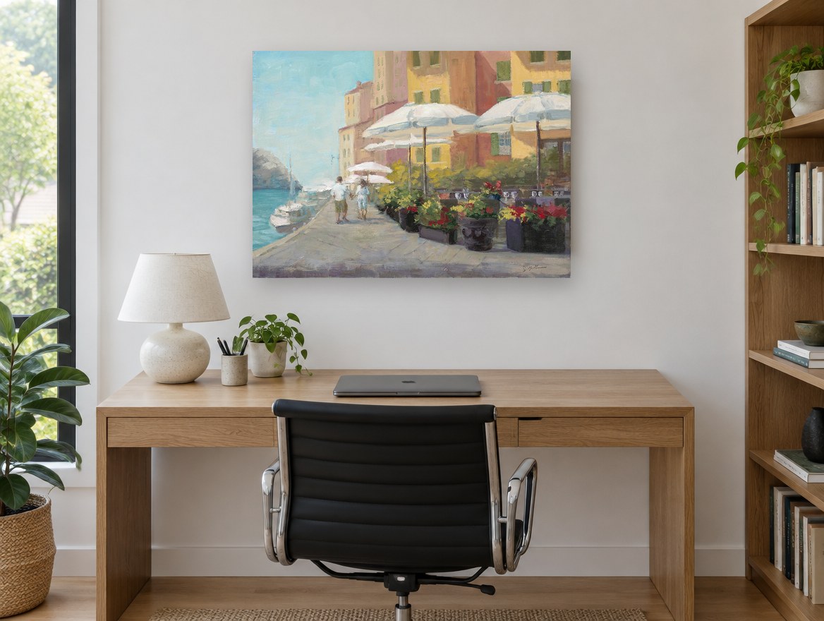 Harbourside Café Stroll vintage canvas print on the wall of a study