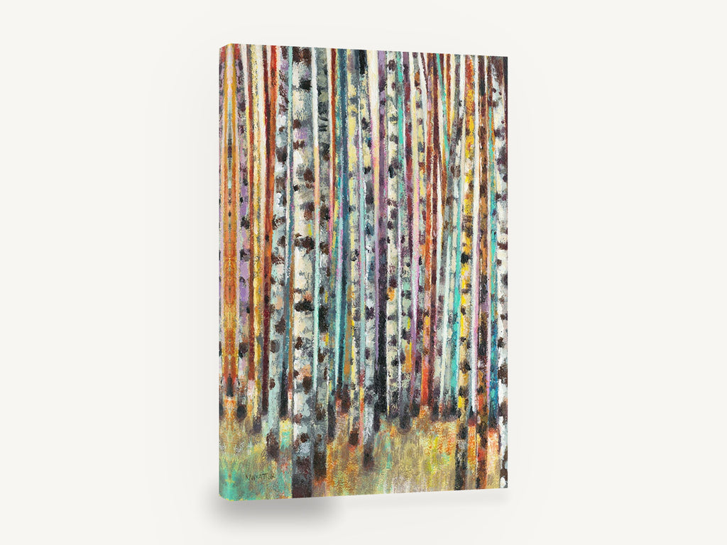 Birch Trunks in Colour, colourful birch tree forest painting, floral canvas wall art print ready to hang