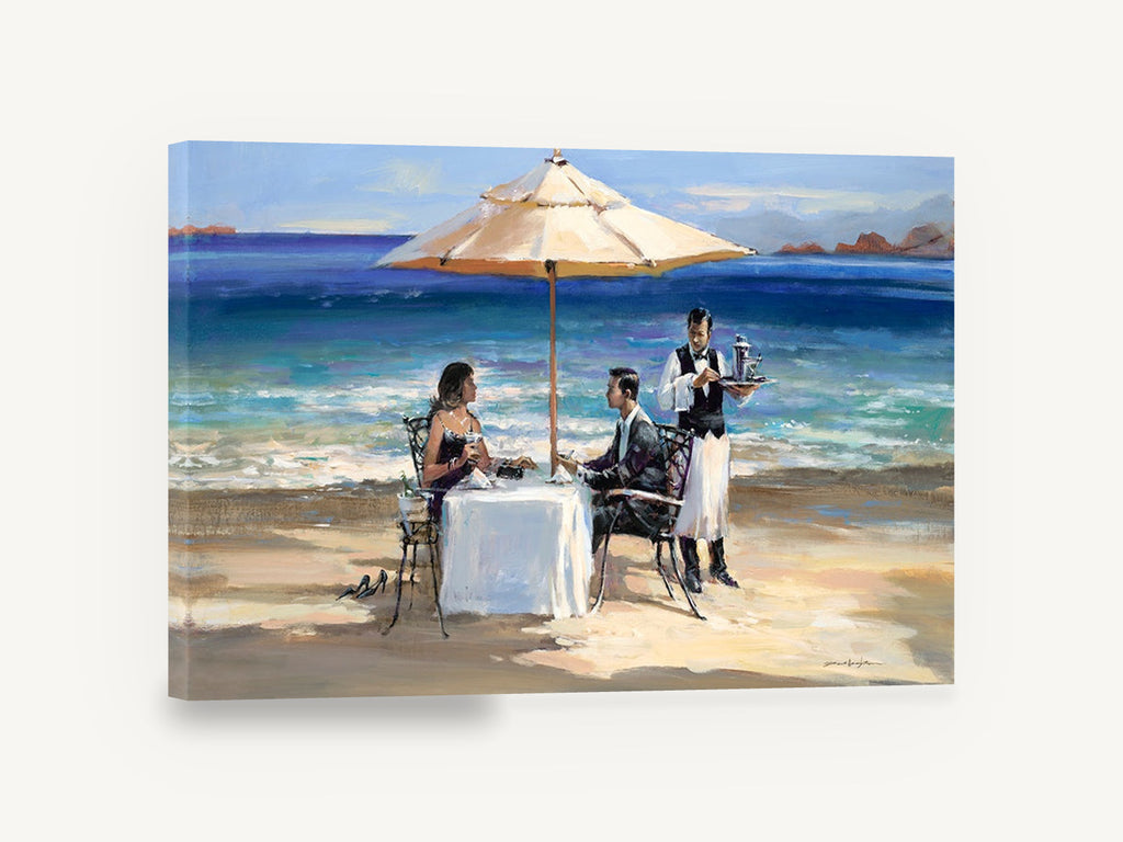 Beachside Dinner Service, beach dinner couple waiter painting, coastal canvas wall art print ready to hang