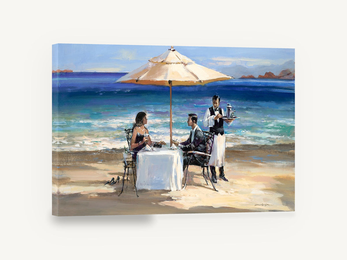 Beachside Dinner Service, beach dinner couple waiter painting, coastal canvas wall art print ready to hang