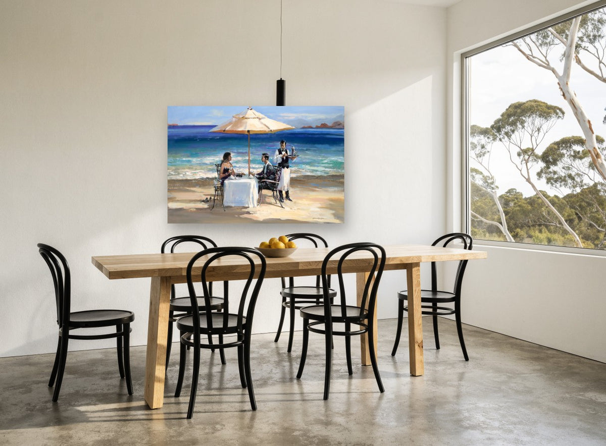 Beachside Dinner Service coastal canvas print on the wall of a dining room