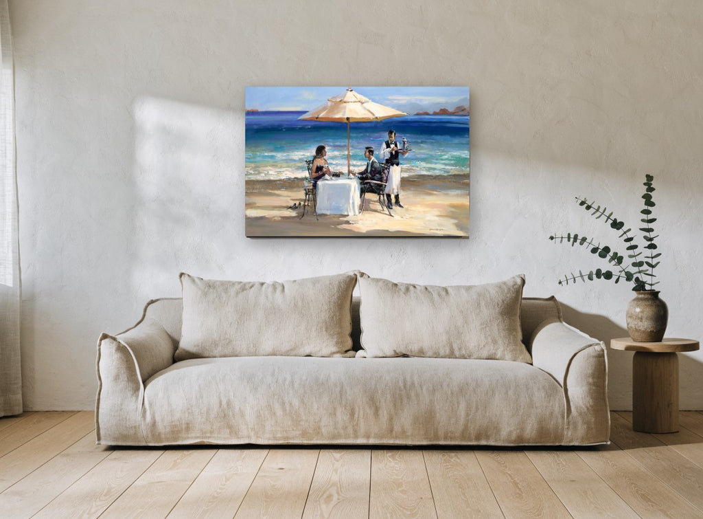 Beachside Dinner Service coastal canvas print on the wall of a living room