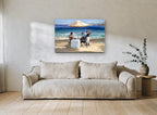 Beachside Dinner Service coastal canvas print on the wall of a living room