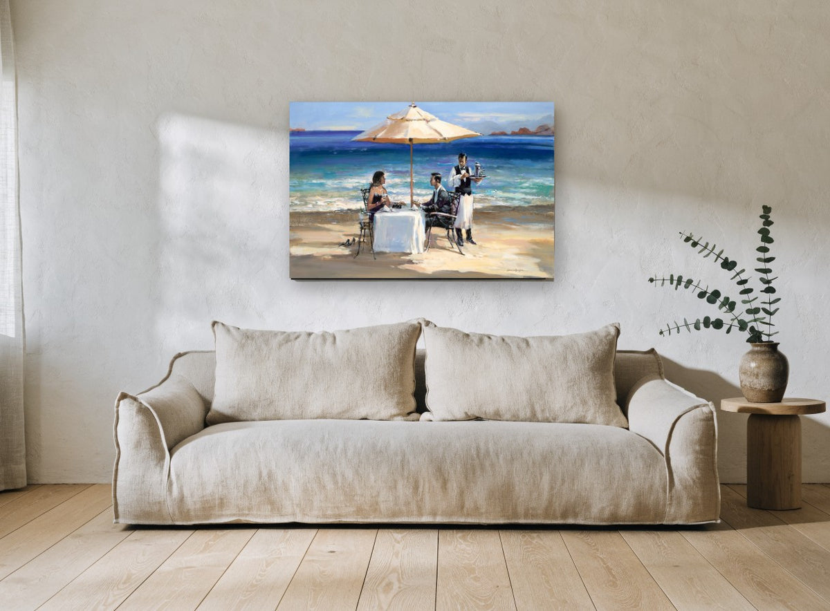 Beachside Dinner Service coastal canvas print on the wall of a living room