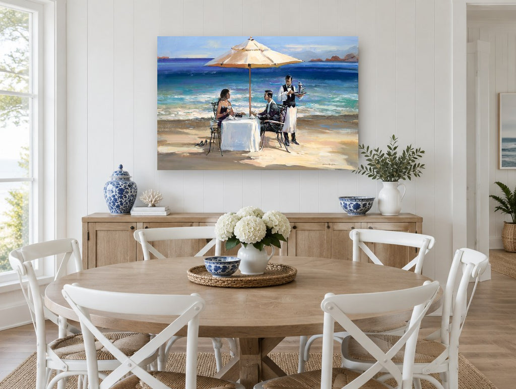 Beachside Dinner Service coastal canvas print on the wall of a Hamptons dining room