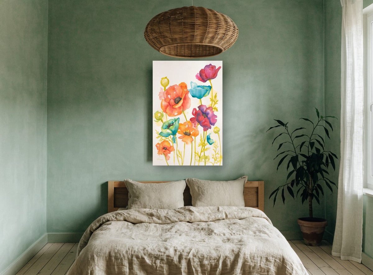 Rainbow Poppy Meadow floral canvas print on the wall of a bedroom
