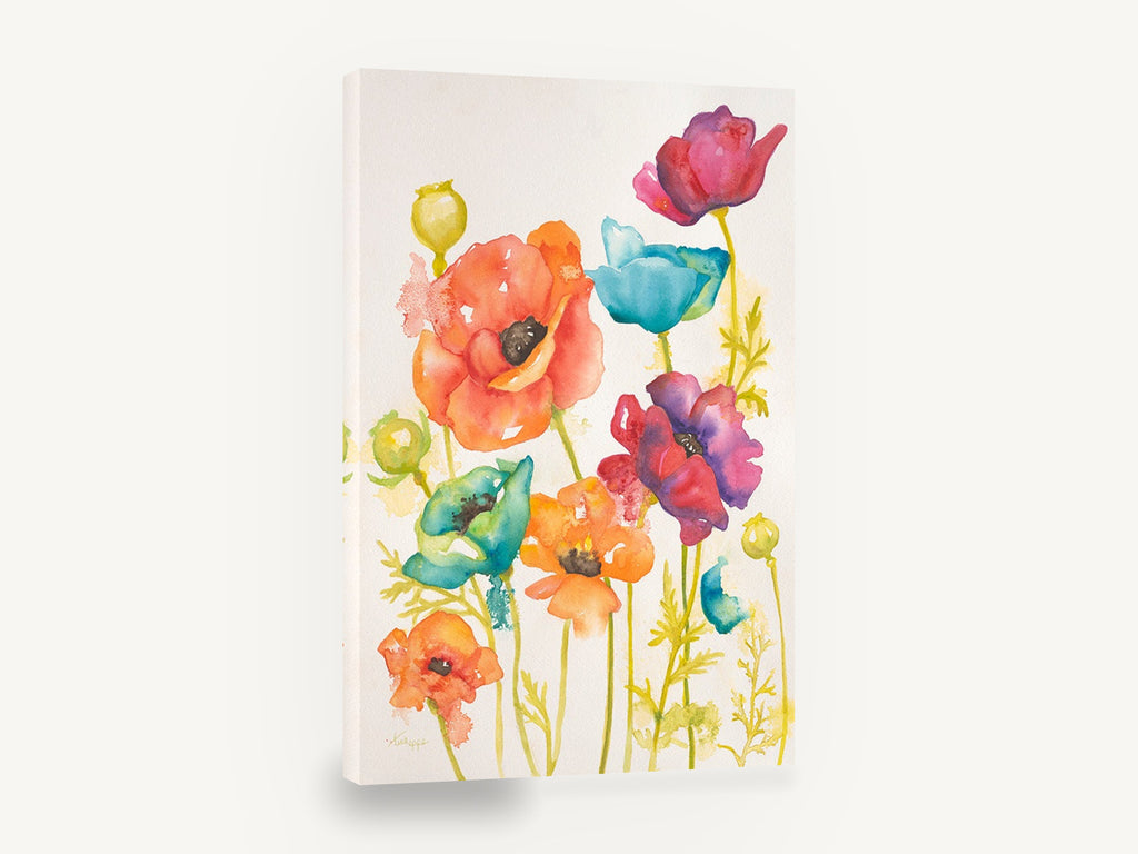 Rainbow Poppy Meadow, colourful poppies watercolour floral, floral canvas wall art print ready to hang