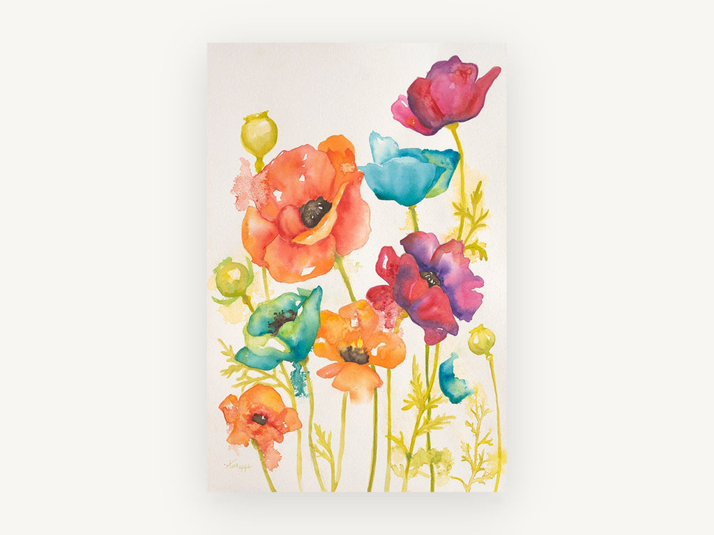 Rainbow Poppy Meadow, floral canvas wall art print, front view