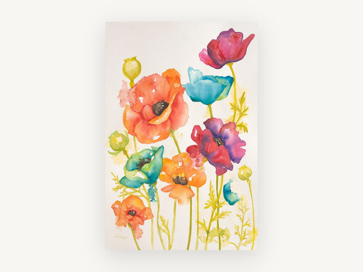 Rainbow Poppy Meadow, floral canvas wall art print, front view