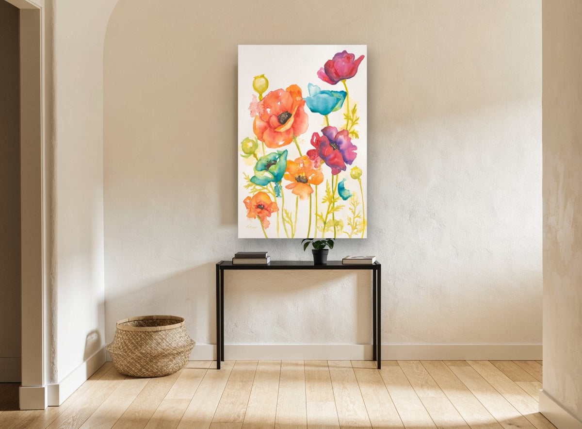 Rainbow Poppy Meadow floral canvas print on the wall of a hallway