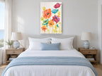 Rainbow Poppy Meadow floral canvas print on the wall of a coastal bedroom