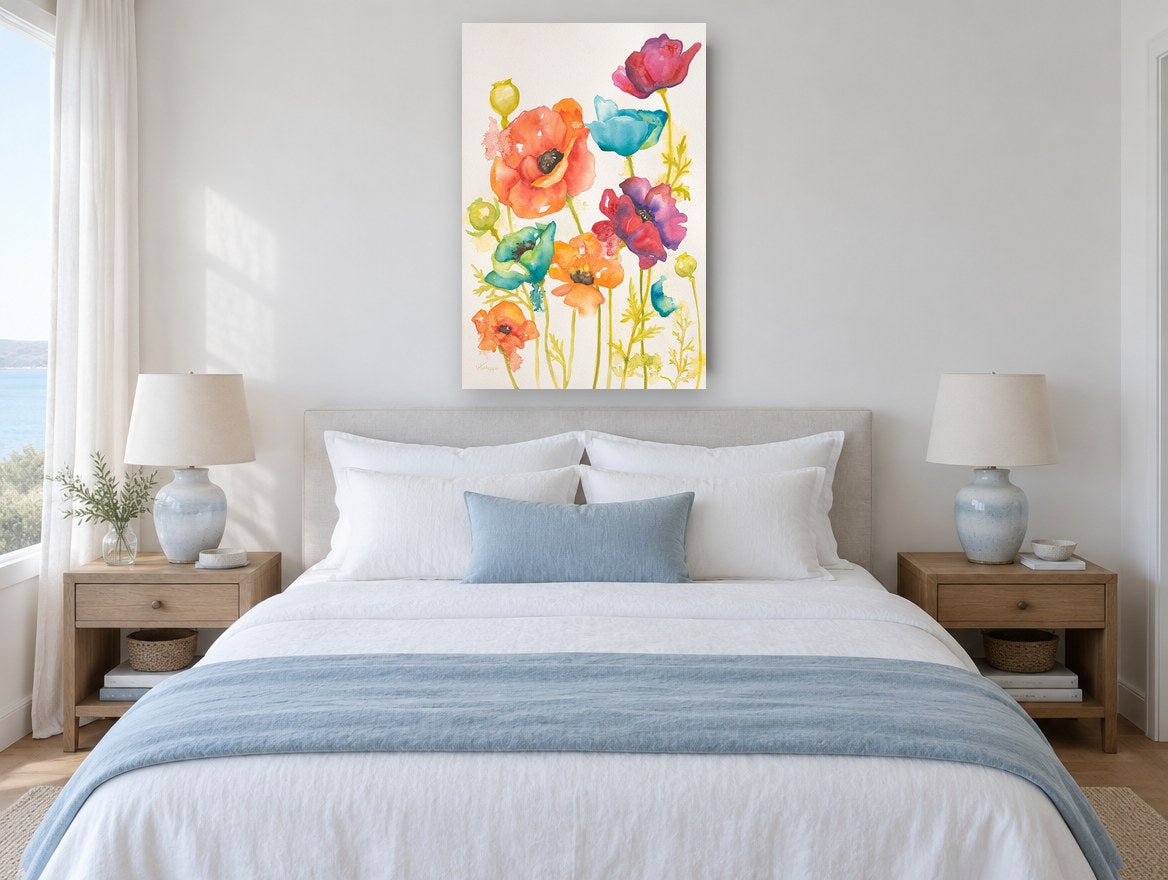 Rainbow Poppy Meadow floral canvas print on the wall of a coastal bedroom
