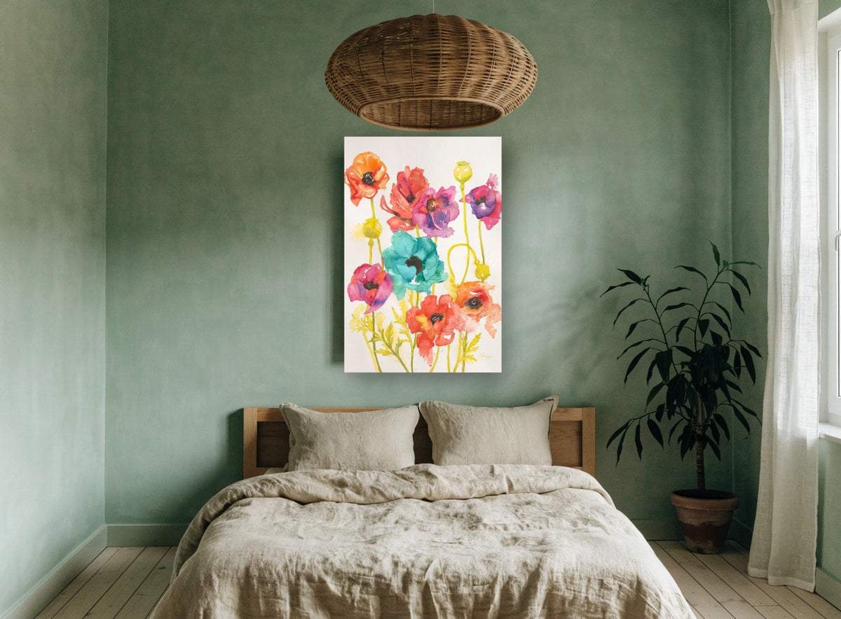 Rainbow Poppy Meadow floral canvas print on the wall of a bedroom