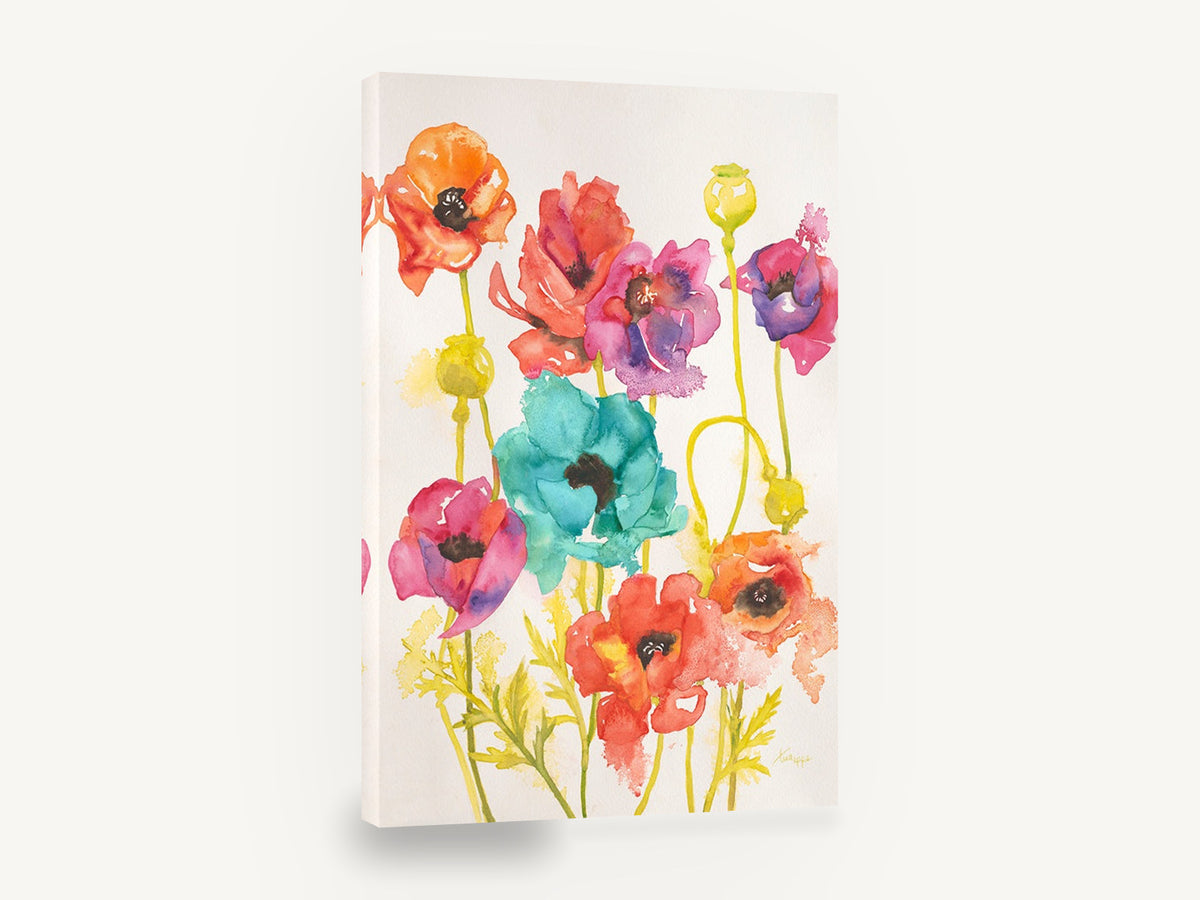 Rainbow Poppy Meadow, colourful poppies watercolour floral, floral canvas wall art print ready to hang
