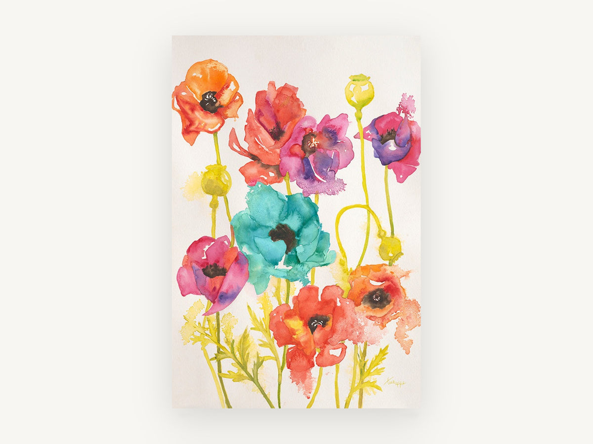 Rainbow Poppy Meadow, floral canvas wall art print, front view